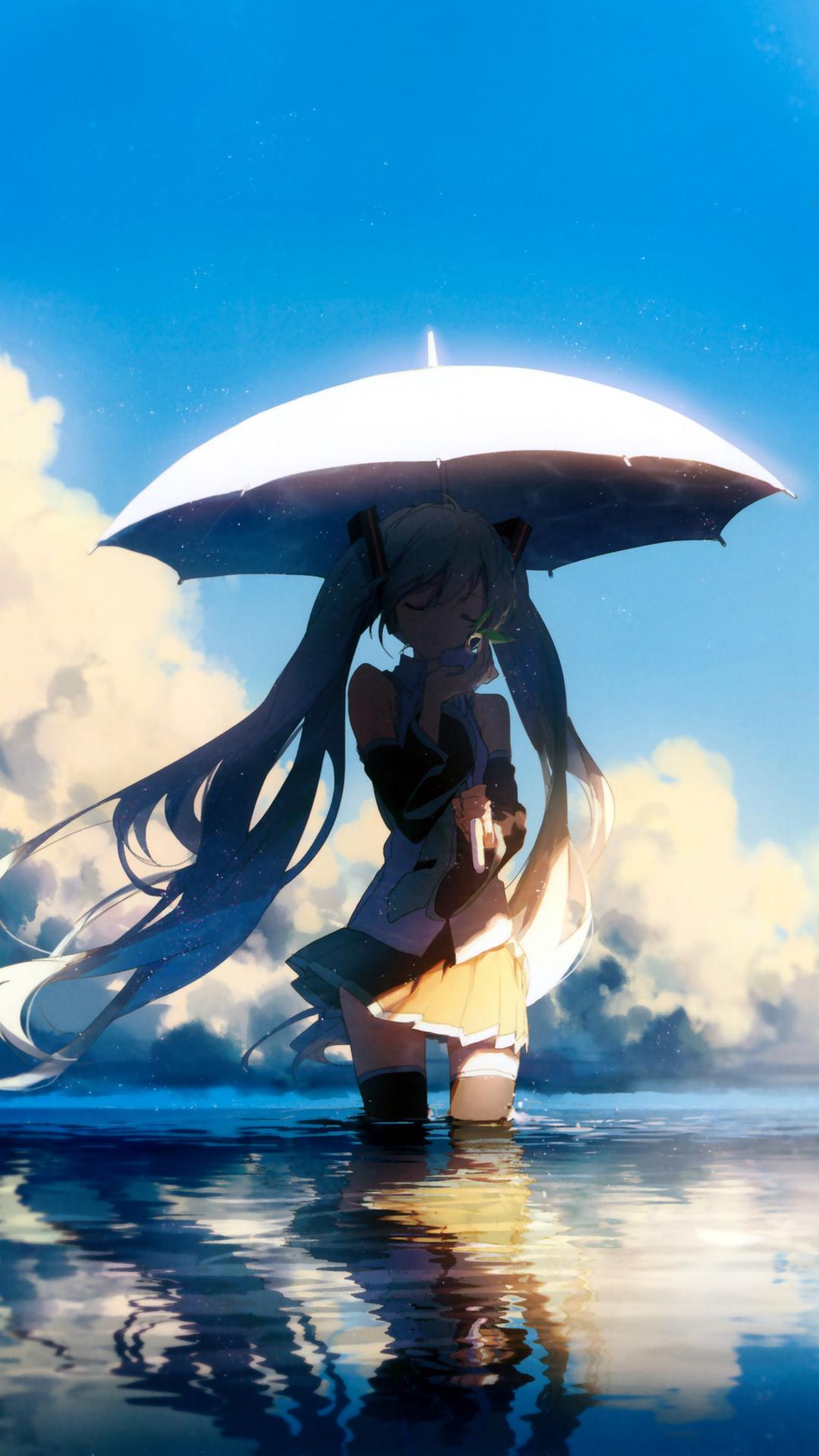 天空水韵，初音未来撑伞之美，4K高清手机壁纸，1080x1920免费下载