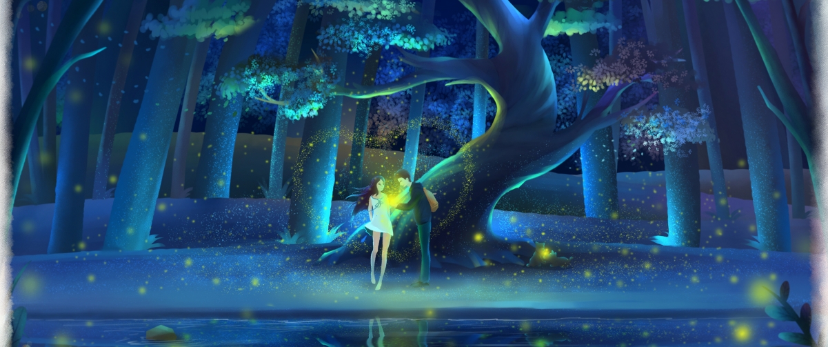 梦幻森林手绘插画情侣壁纸，唯美意境4K高清，3440x1440分辨率下载