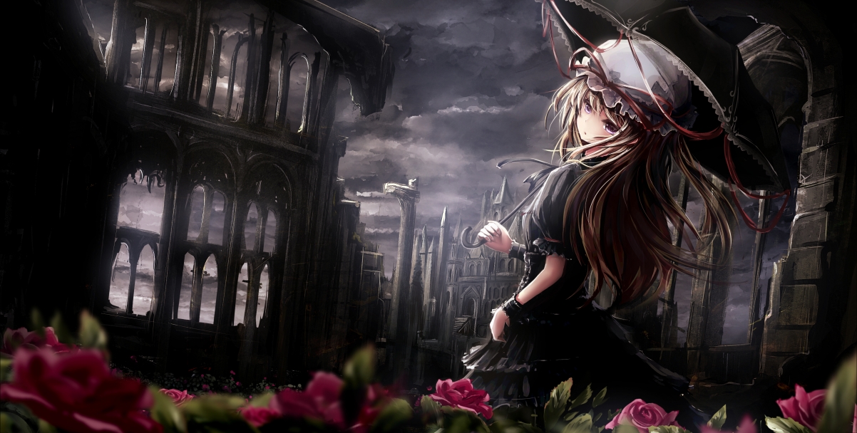 黑白城市鲜花少女动漫壁纸，Necor Symphonia 4K高清，3515x1779分辨率，精美下载
