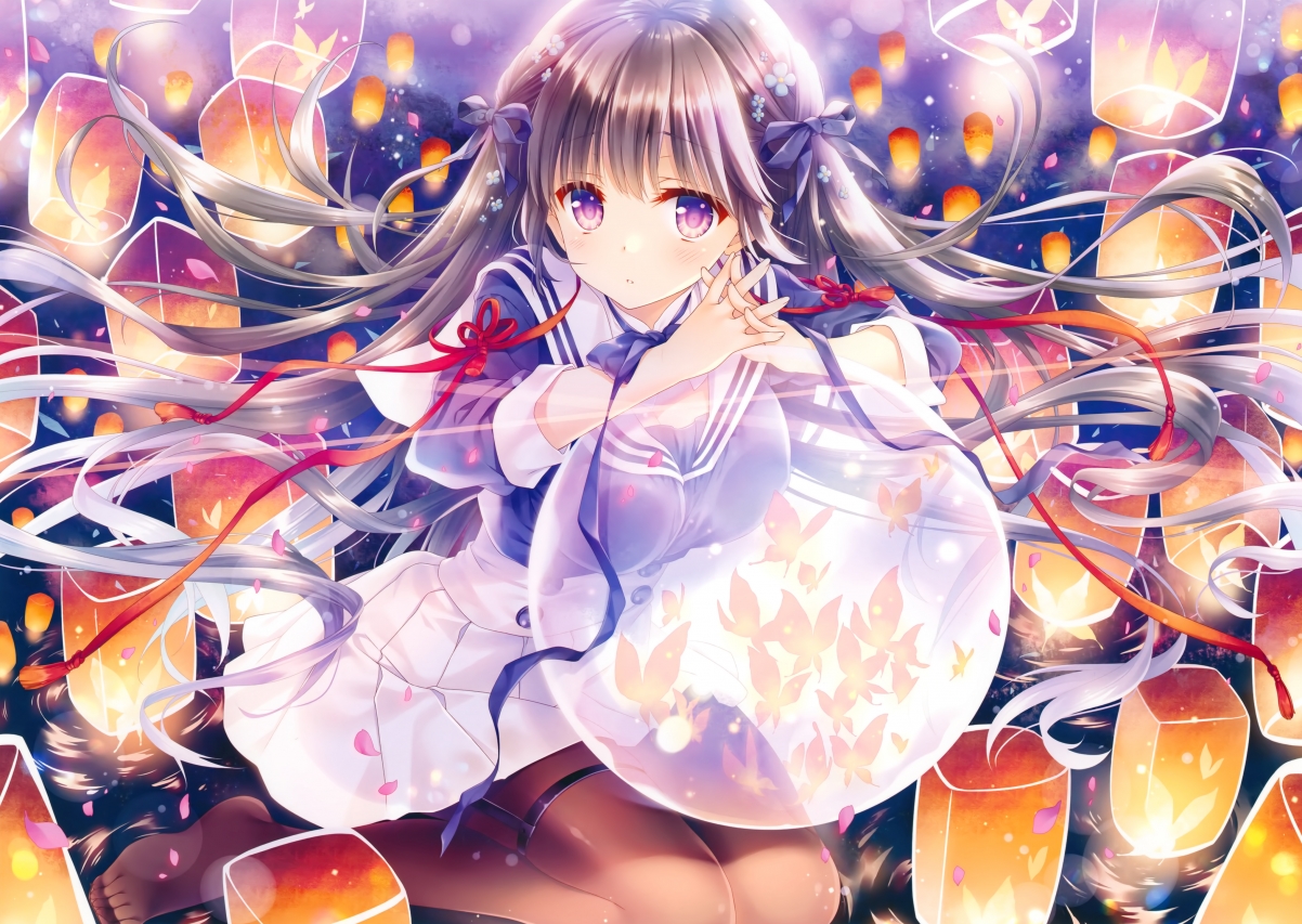 女生校服魅力四溢，紫色眼眸的长发少女，连裤袜配蝴蝶结，玩转球技，绝美4K动漫壁纸高清下载
