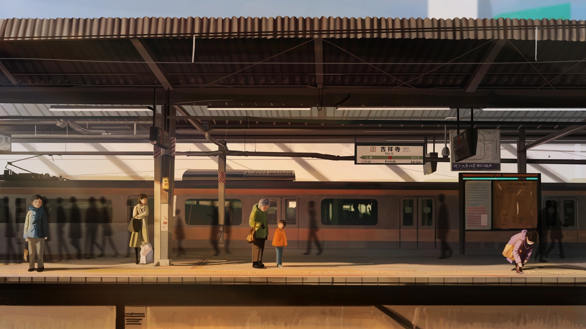 地铁车站等候时刻，精美插画4K动漫壁纸，高清3000x1688，免费下载