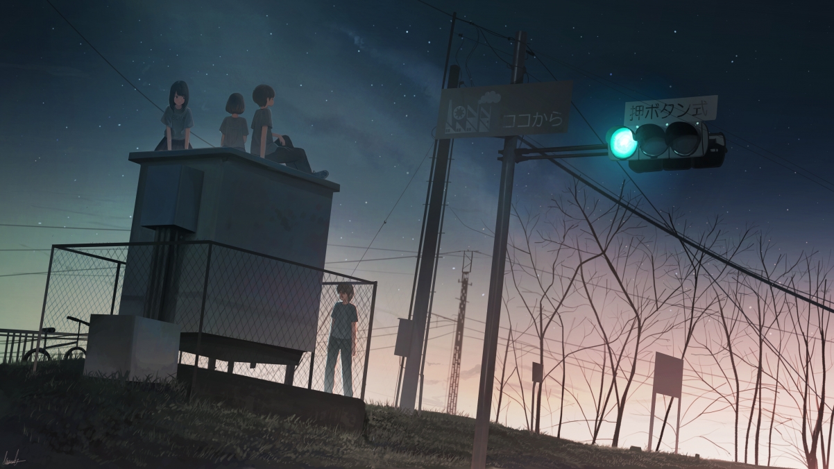 夜晚星空下的火车轨道与自行车，绝美4K动漫壁纸高清下载