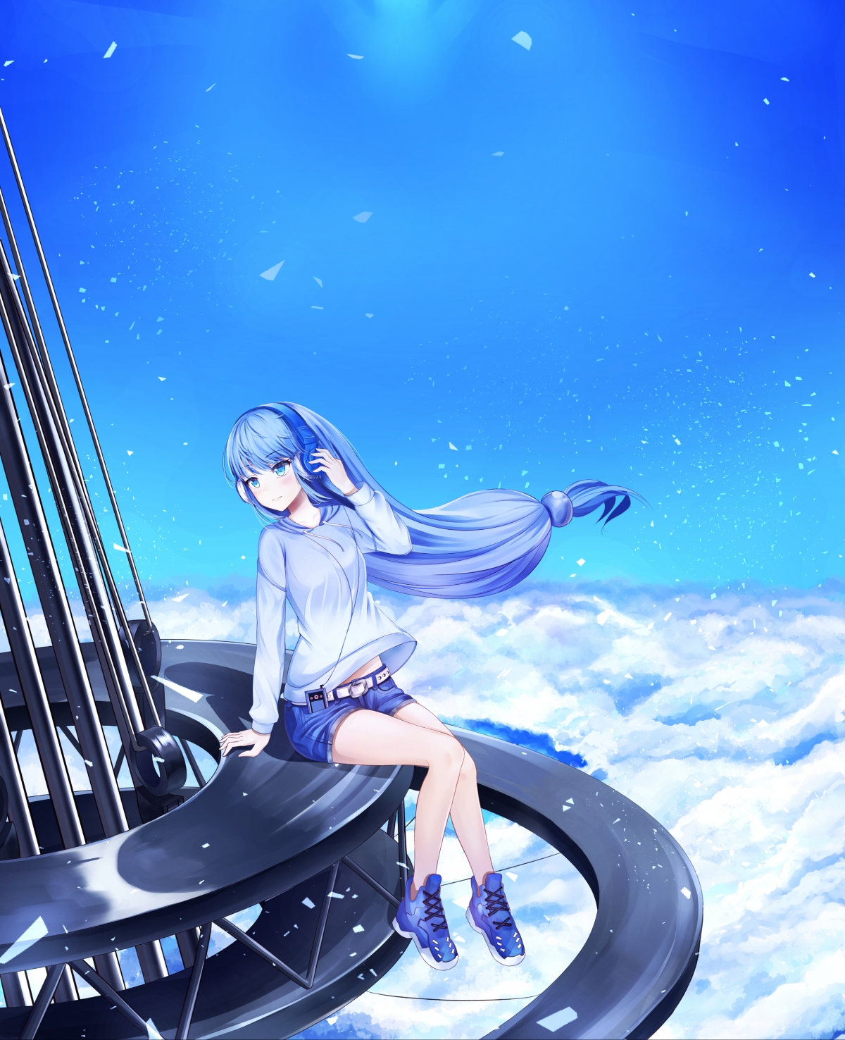 唯美动漫，蓝色天空下的长发少女，牛仔短裤轻舞，畅享音乐时光，4K高清手机壁纸精选