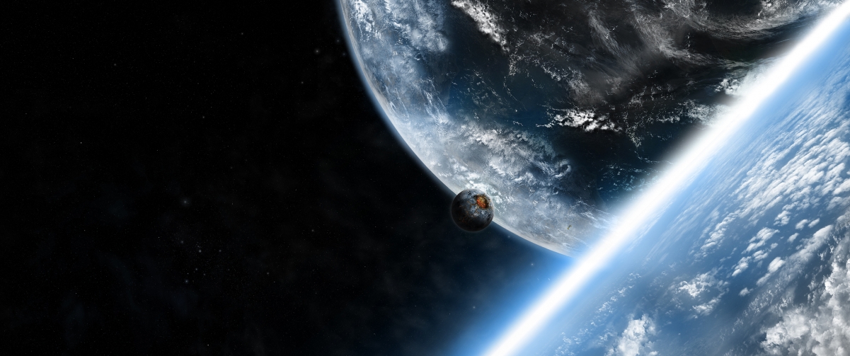地球与月亮共舞，太空美景尽收眼底！3440x1440高清4K风景壁纸，一键下载！