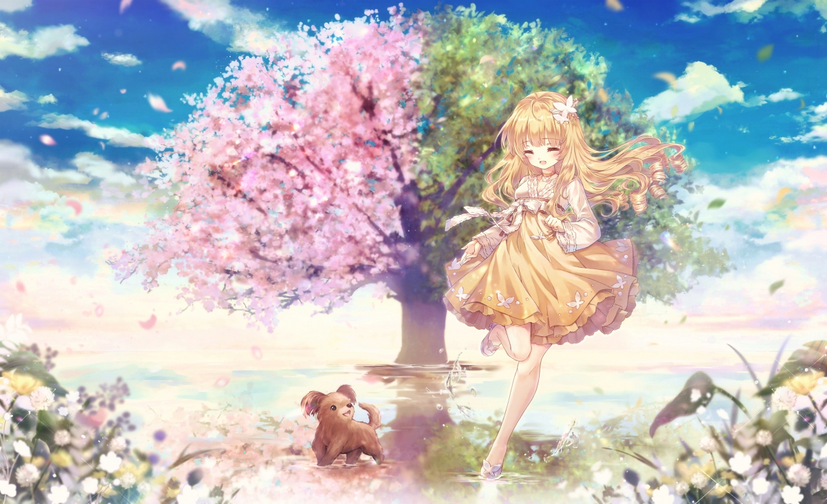 粉色绿荫下的唯美天空，花瓣飘落，女孩与小狗相伴，4K高清动漫壁纸下载