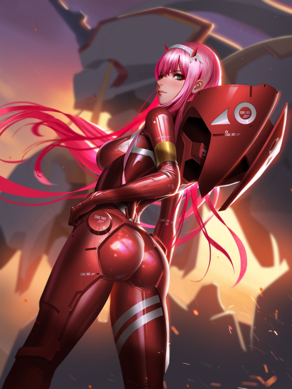 Darling in the FranXX，粉色长发水眸美女，弓背翘臀紧身装扮，高清竖屏4K手机壁纸，3000x4000分辨率畅享下载