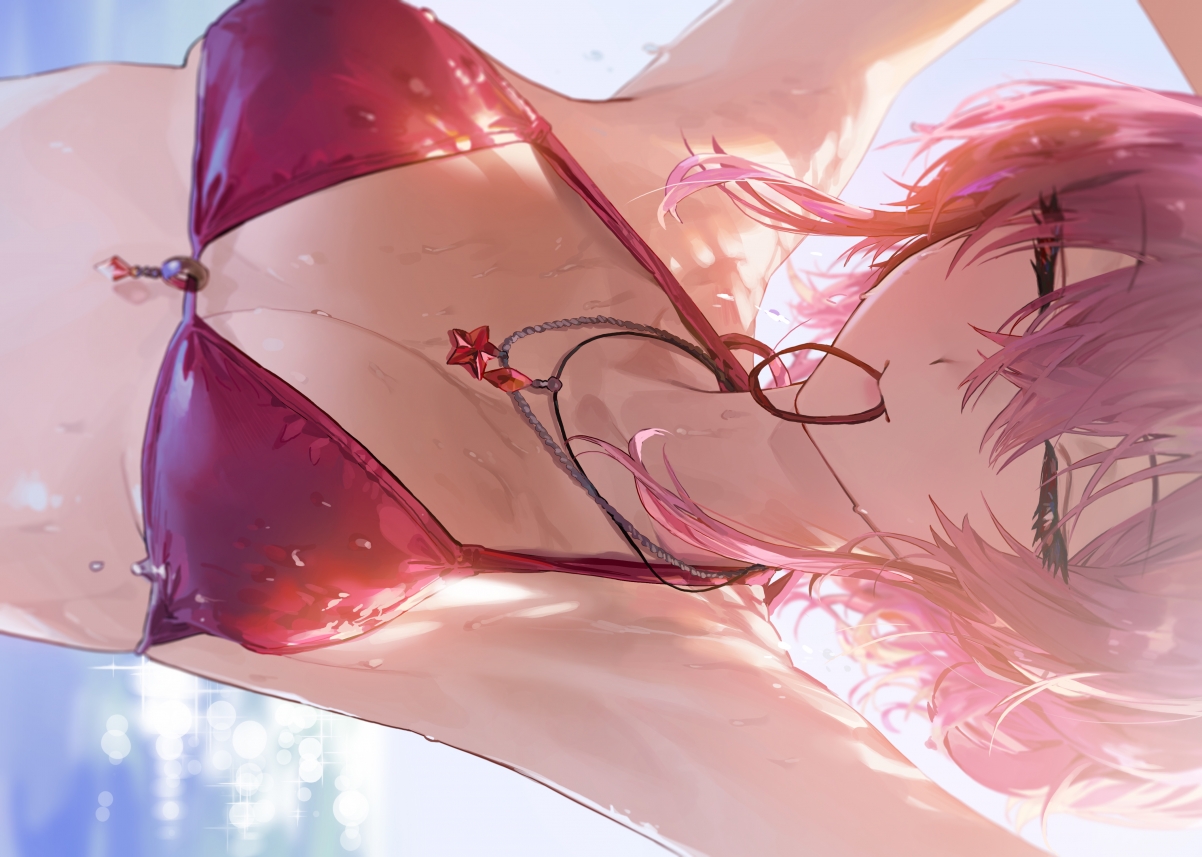 粉色发女孩比基尼泳衣水景，绝美4K动漫壁纸，高清大图4175x2976，免费下载