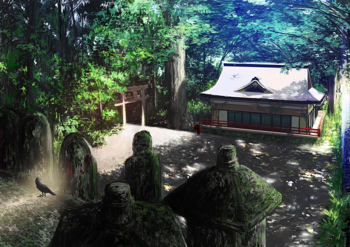 森林神社乌鸦之韵，绝美动漫插画风景，4K高清壁纸下载