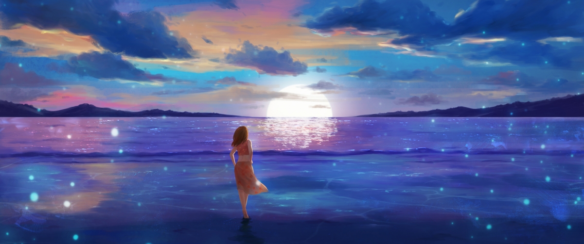 绝美海边度假插画壁纸，4K高清动漫风格，3440x1440分辨率，一键下载