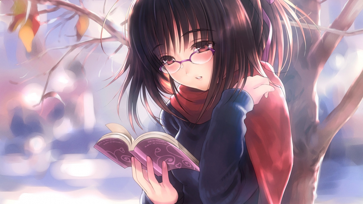 文静女孩树下阅读，围巾眼镜点缀，超清4K动漫壁纸，3840x2160高清下载