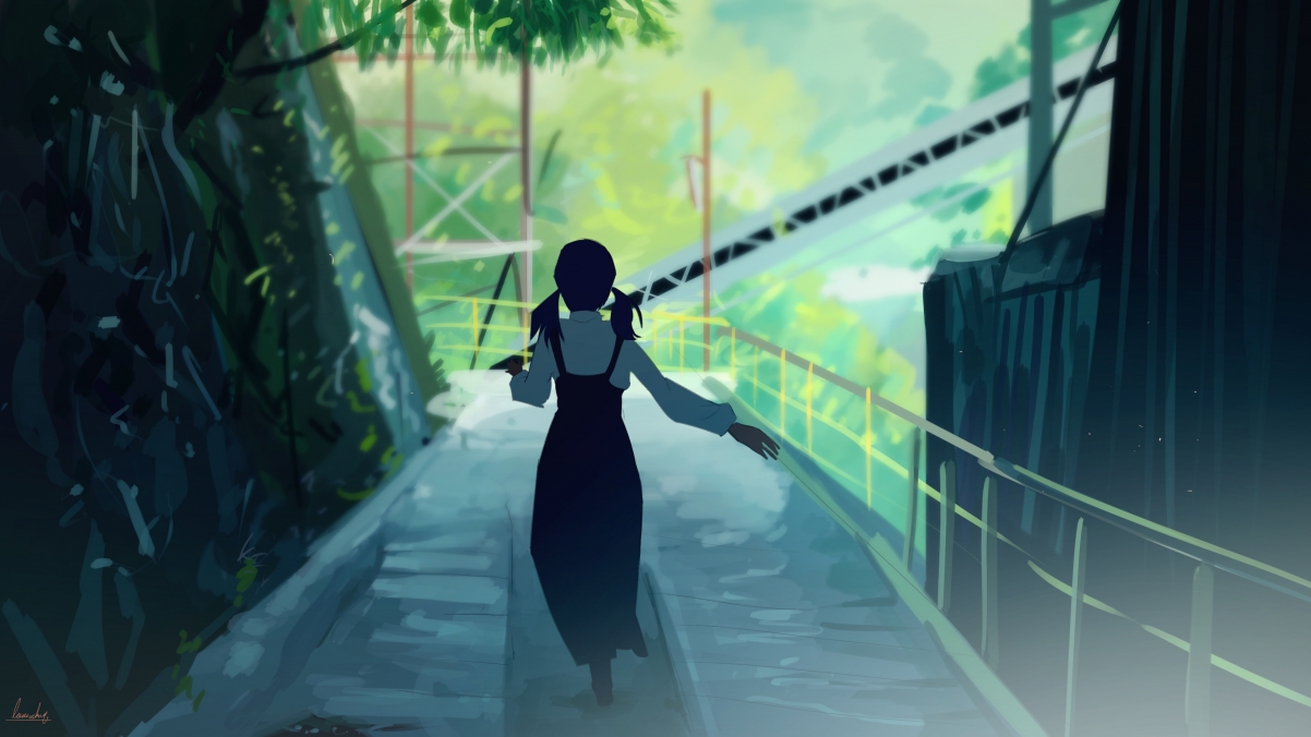 走道护栏插画背景，唯美少女背影，4K高清动漫壁纸，3840x2160免费下载