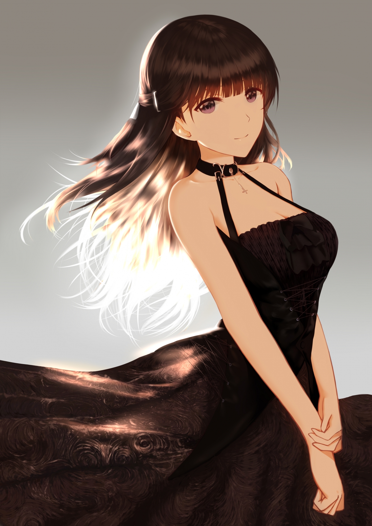 茶色秀发美女穿黑礼服，超高清4K竖屏手机壁纸，3507x4960分辨率下载