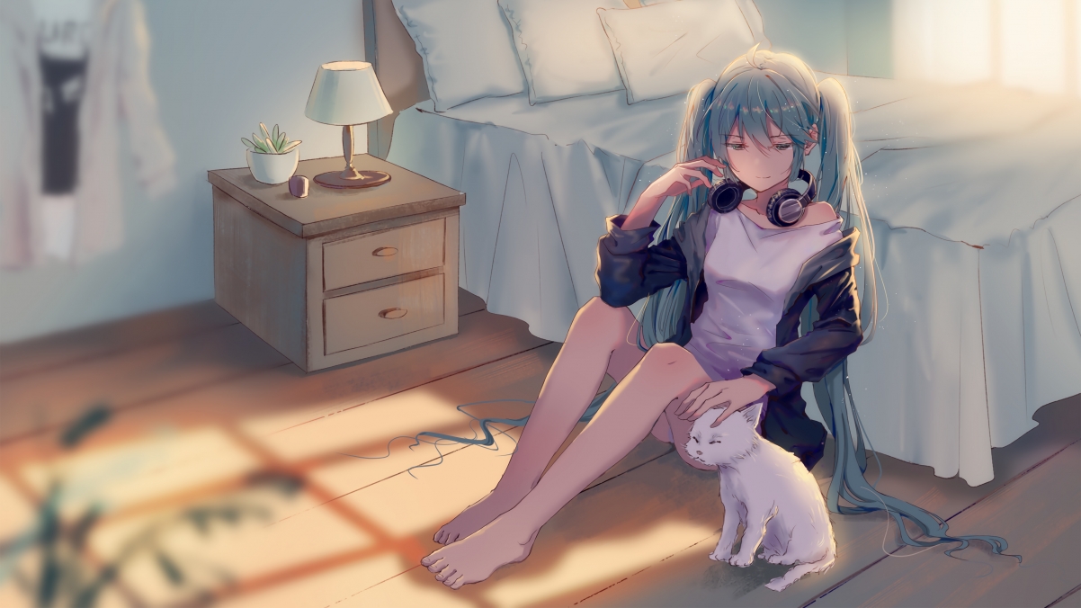 女孩与猫共融的温馨房间，精选4K动漫壁纸，高清3840x2160下载