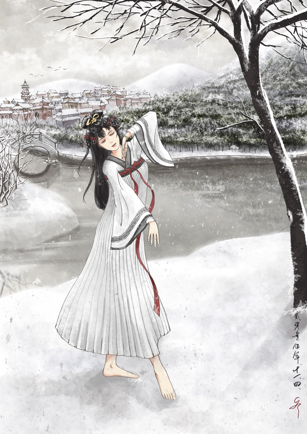 雪舞风华，绝美中国风动漫插画壁纸，高清4K图片，超清分辨率3508x4961，免费下载