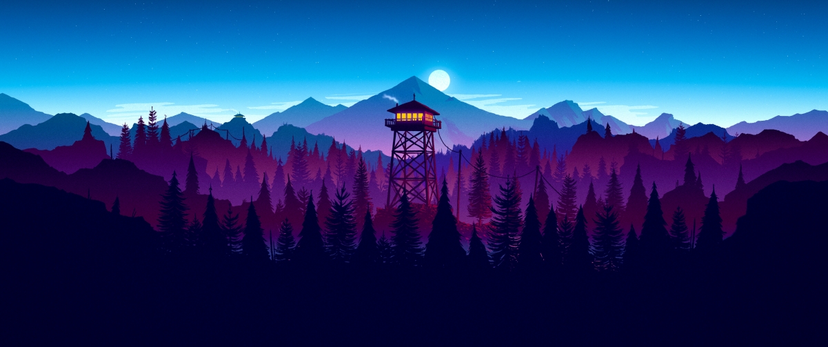 夜晚山景如画，高塔耸立，星月辉映，3440x1440超清4K风景壁纸免费下载