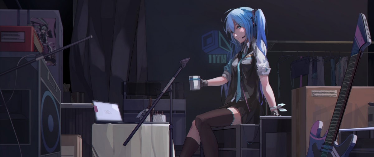 初音未来Miku专属，耳机吉他造型，超清4K动漫壁纸，3440x1440分辨率，一键下载