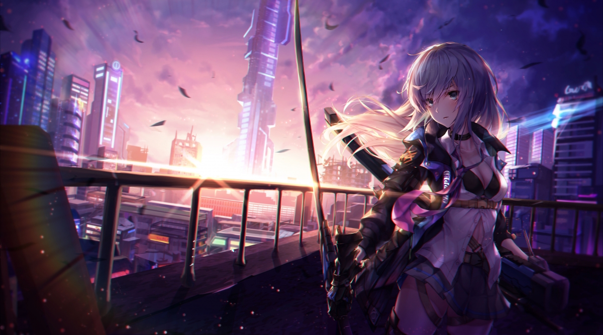 战士少女守护城市，绝美6K动漫壁纸，4K高清图片，超清6631x3687分辨率，一键下载！
