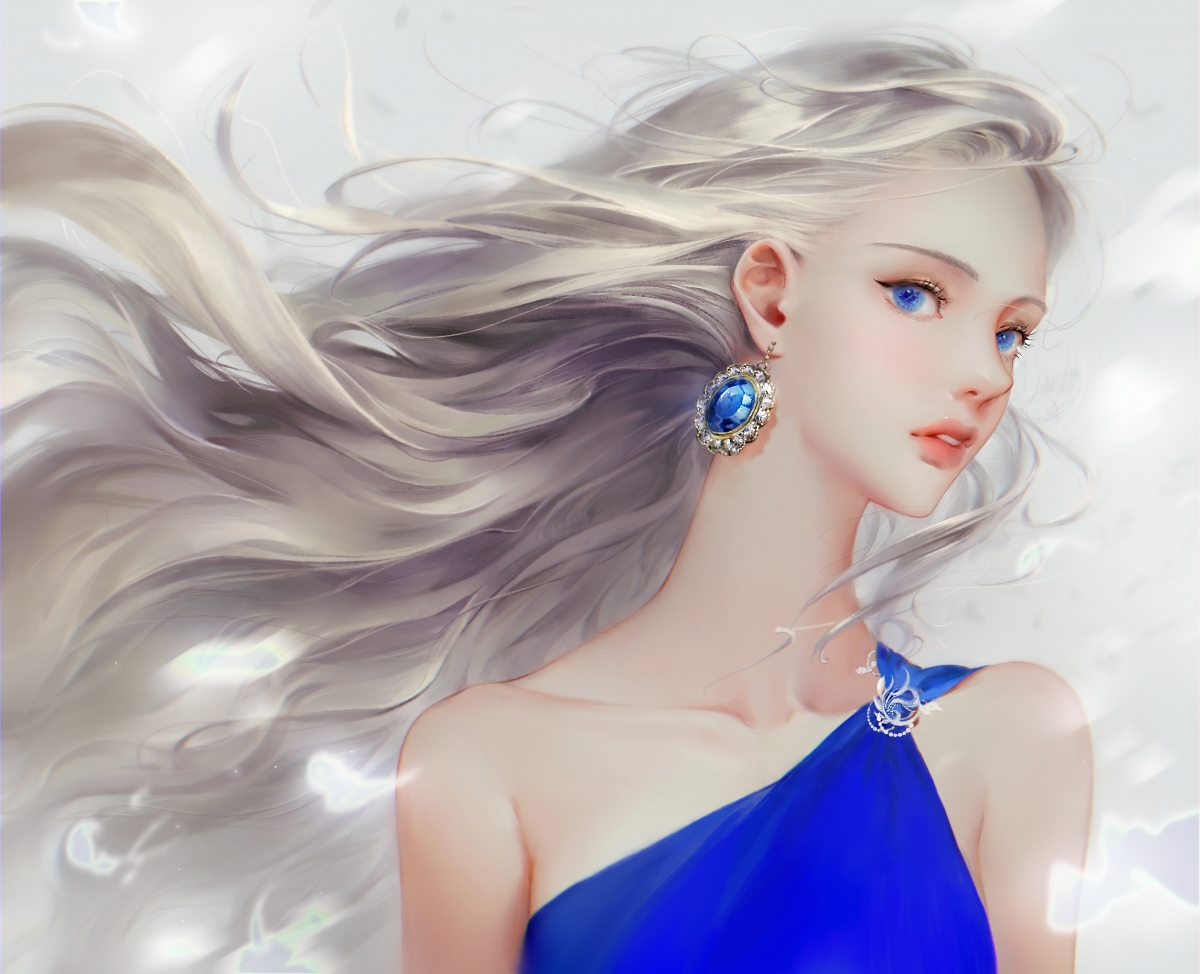 蓝风长发少女，唯美4K动漫壁纸，高清4000x3245尺寸，一键下载