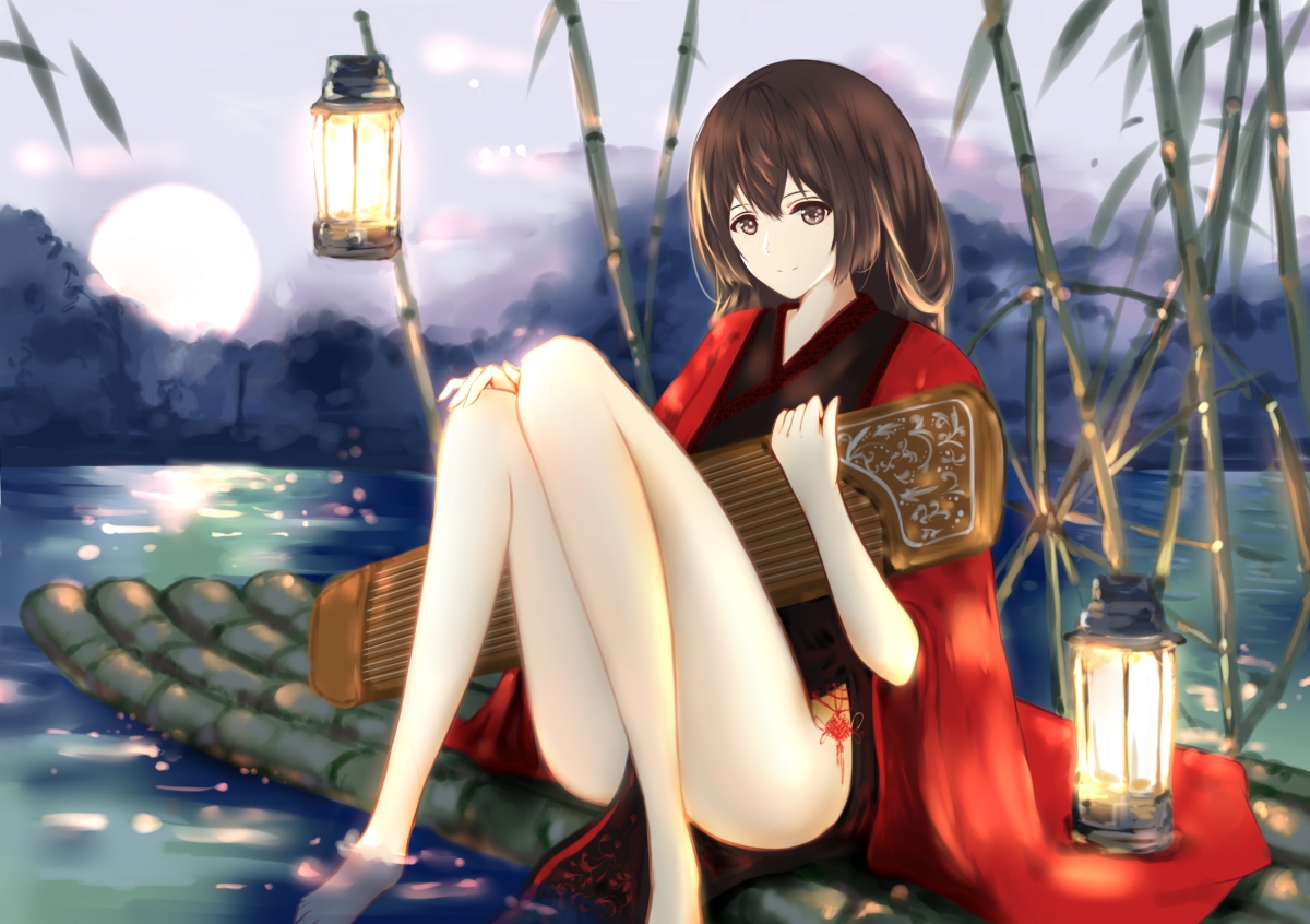 美女古筝插画，绝美4K动漫壁纸，高清2480x1748，免费下载