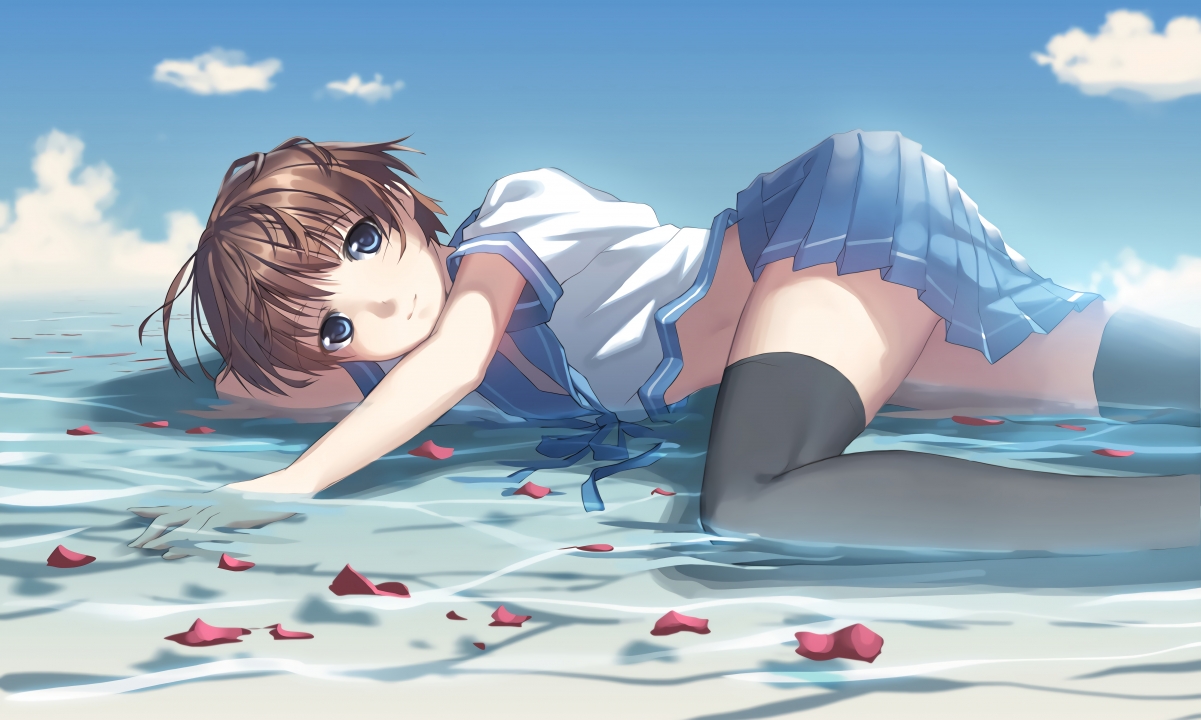 海滩美景，清新水手服动漫女生，精选4K高清壁纸，5200x3116超清画质，一键下载！
