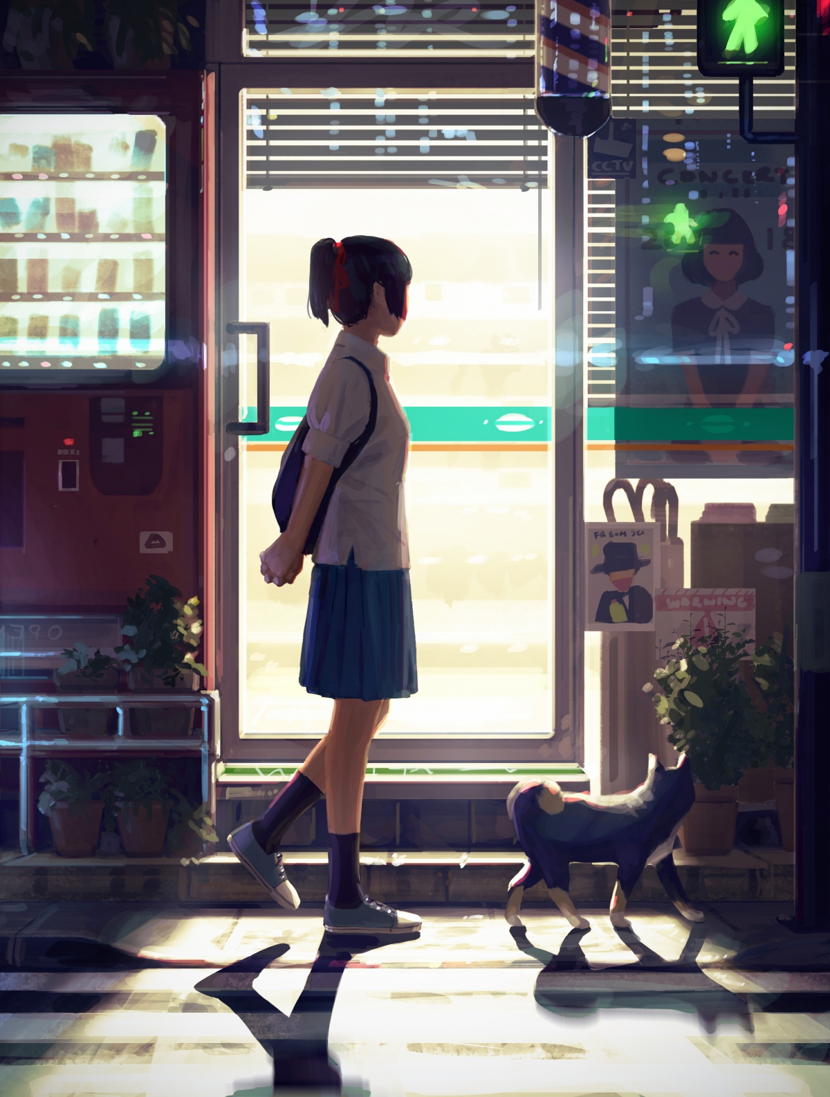 女学生校服马尾辫夜行，萌犬相伴，唯美4K动漫竖屏手机壁纸下载