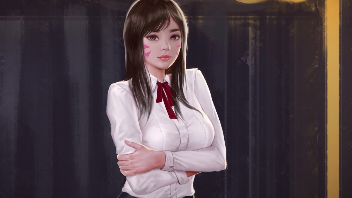 守望先锋DVa人物4K高清壁纸，白色衬衫版，3840x2160分辨率，动漫风格，免费下载