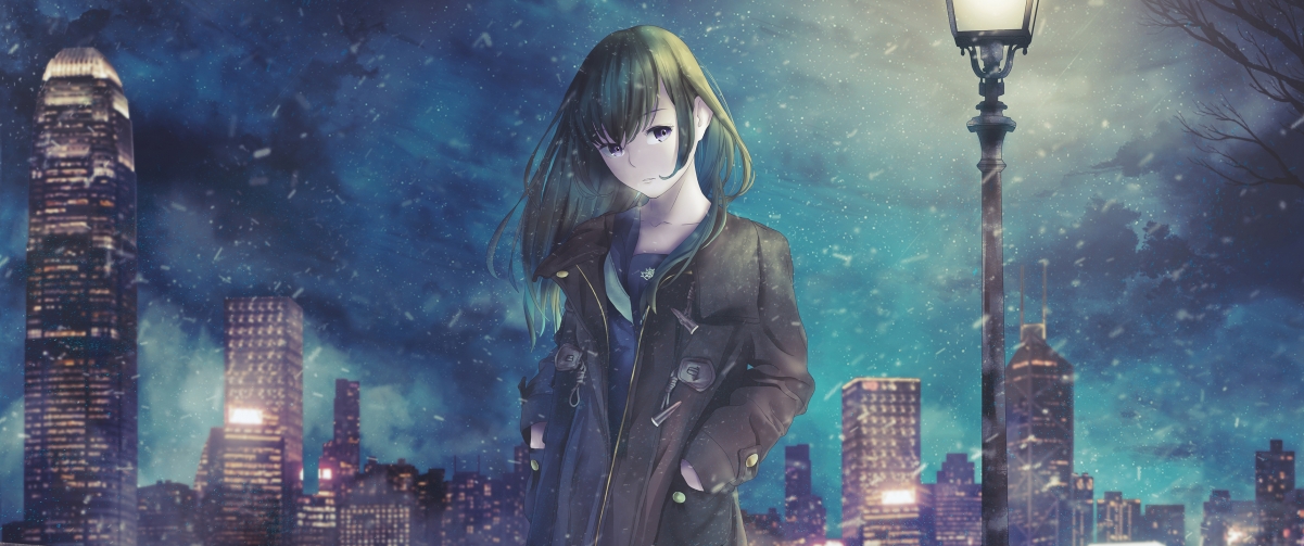 梦幻长发少女与城市夜景，高清4K动漫壁纸，3440x1440超清下载