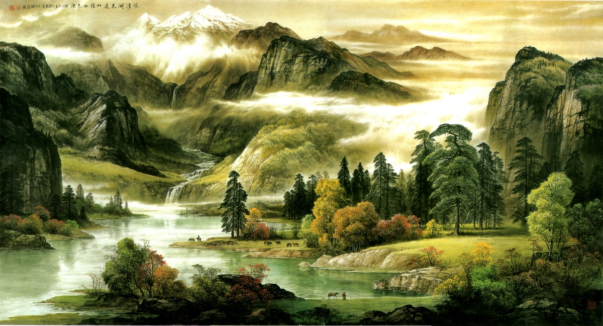 远山静谧，高松映湖，云雾缭绕中的水墨山水画4K壁纸，高清下载4001x2160