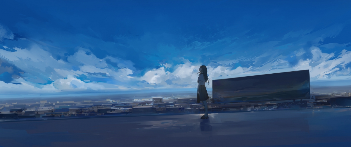 女子高中生制服动漫壁纸，天空云彩4K高清下载（3440x1440）
