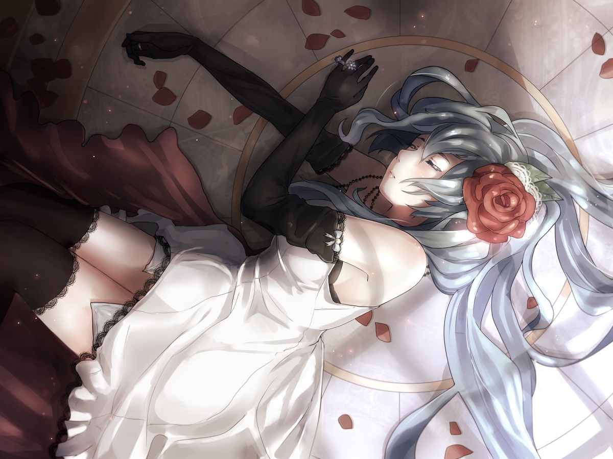 VOCALOID女孩初音未来，二次元花瓣主题4K高清动漫壁纸下载（4000x3000）