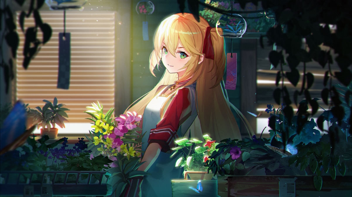 绿眸少女动漫壁纸，红丝带点缀，金发闪耀，5K高清大图下载