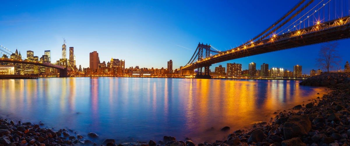 曼哈顿桥梁全景，4K高清壁纸，3440x1440绝美海湾风景下载
