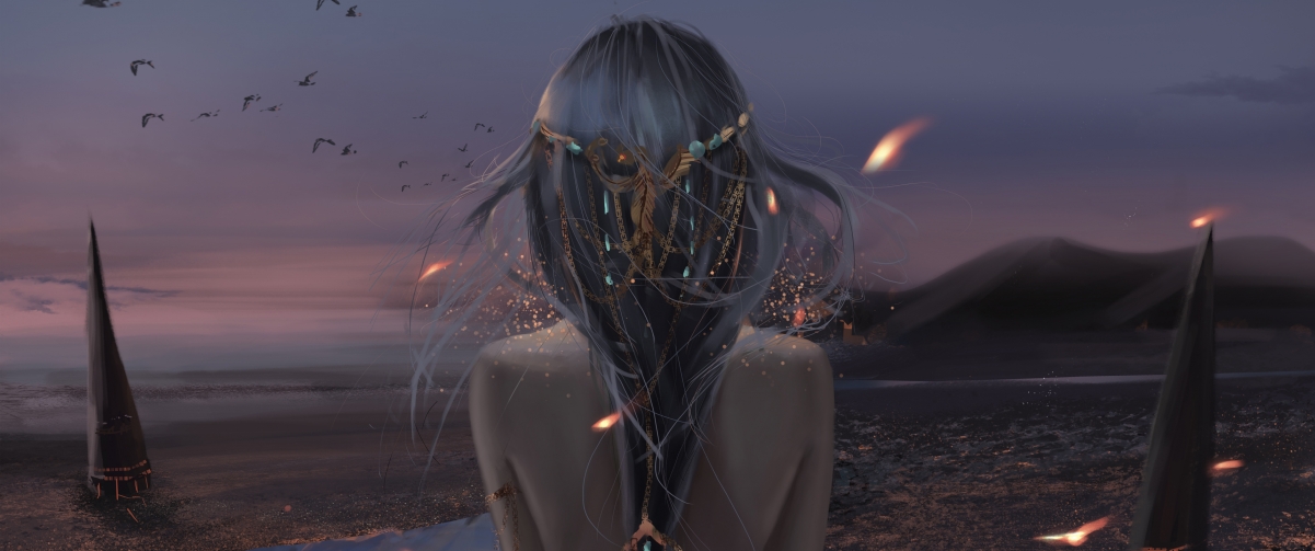 唯美长发马尾辫少女背影动漫壁纸，4K高清带鱼屏，3440x1440分辨率免费下载