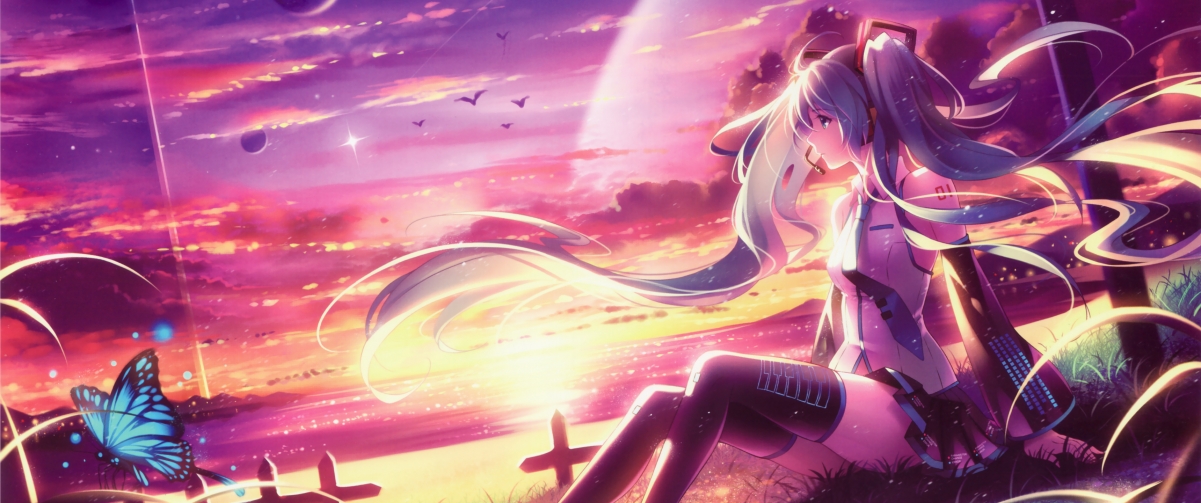 初音未来梦幻天空4K壁纸，唯美高清3440x1440动漫美图下载