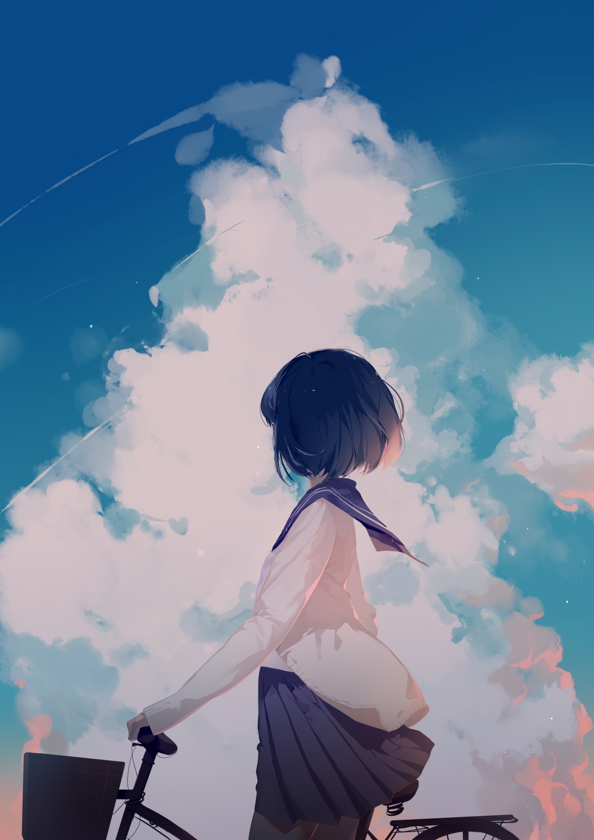 女生黑发校服倩影，天空下自行车驰骋，绝美4K手机壁纸高清下载