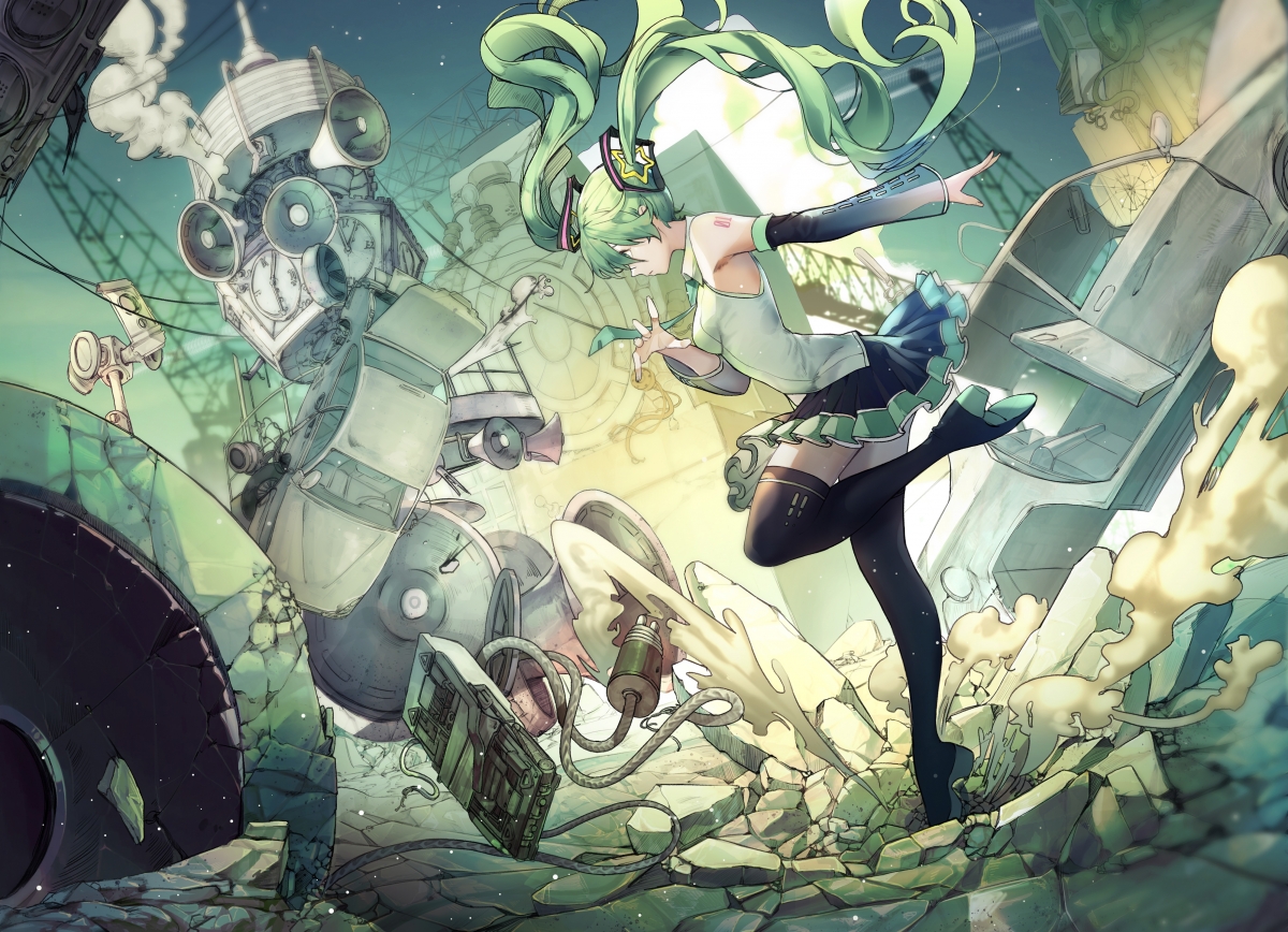 初音未来4K壁纸，绿发迷你裙搭配黑丝，高清动漫美图下载