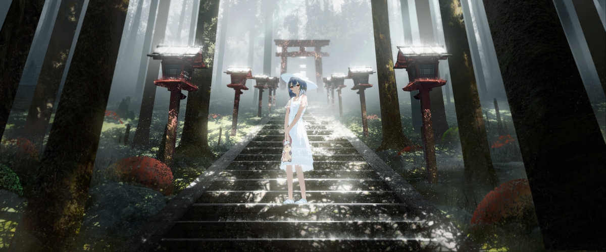 夏日森林倩影，白衣少女漫步石阶，绝美5K动漫壁纸，高清下载