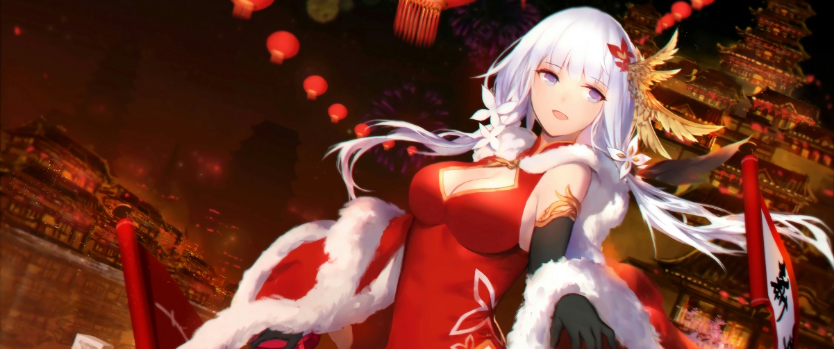 新年二次元美女贺图，4K超清带鱼屏壁纸，3440x1440高清下载