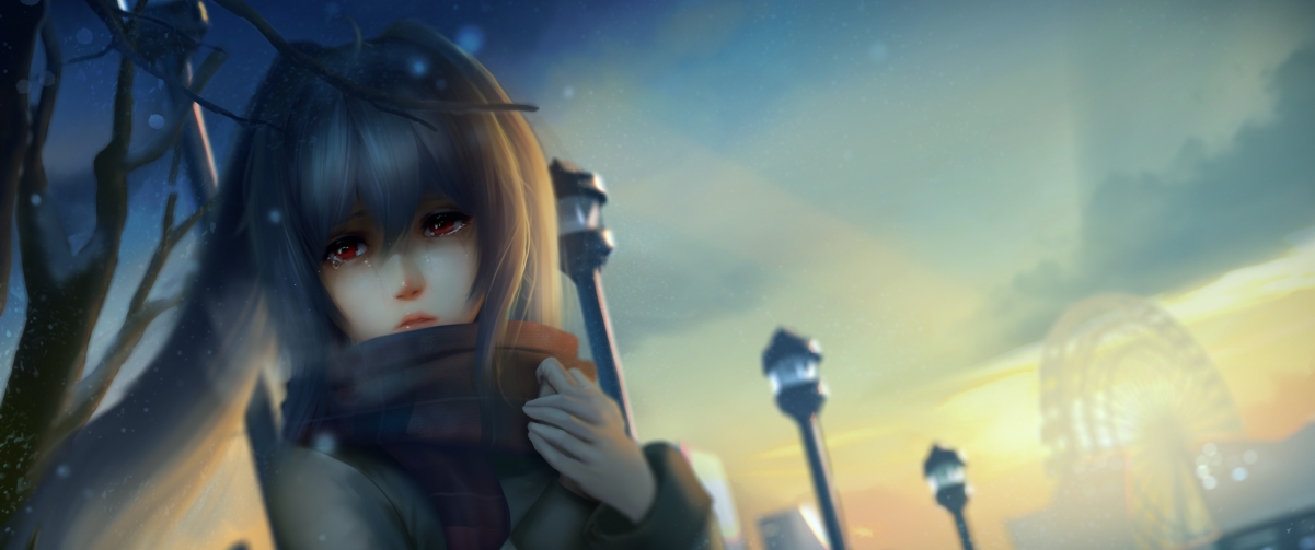 冬夜泪眼女生，唯美围巾点缀，3440x1440超清4K动漫壁纸，高清下载