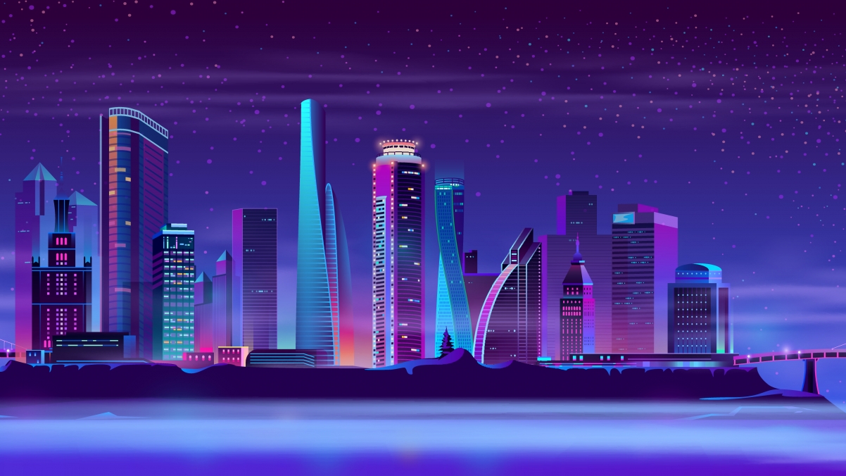 夜晚城市风光，艺术插画风格4K超清壁纸，3840x2160高清下载