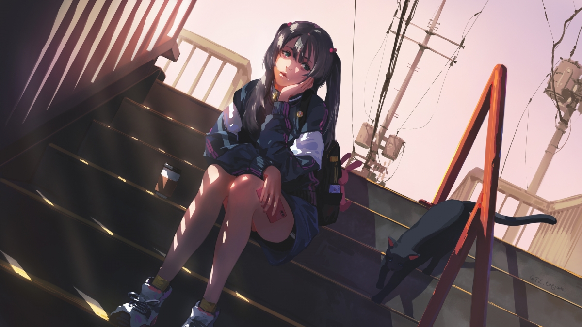 女学生坐楼梯间4K超清动漫壁纸，高清大图4000x2250，免费下载