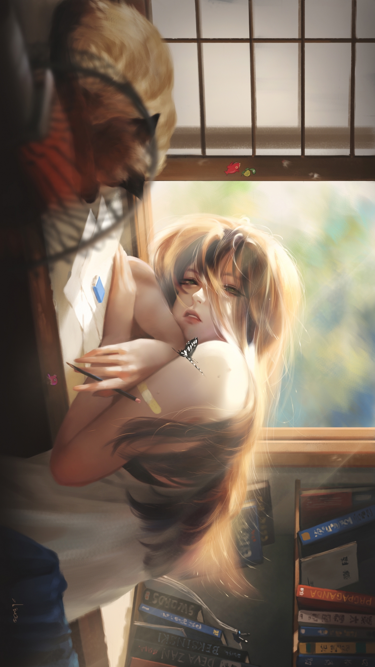 女生书桌上的猫，唯美动漫插画，高清4K竖屏手机壁纸2160x3840