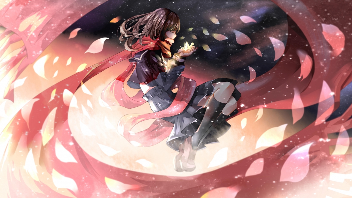 女生围巾花瓣主题，绝美4K动漫壁纸，高清3840x2160免费下载