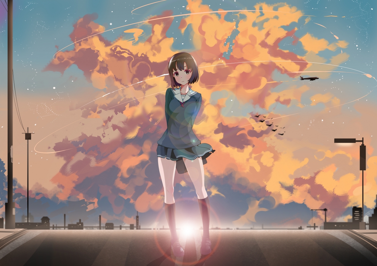 天空云路女孩日落动漫，4K高清女学生壁纸，3507x2480分辨率下载