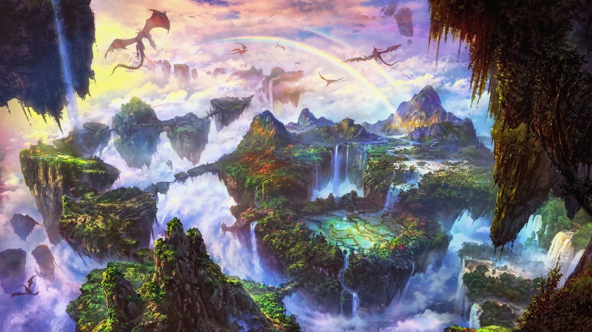 天空山水瀑布自然仙境，唯美艺术风景画4K壁纸高清下载