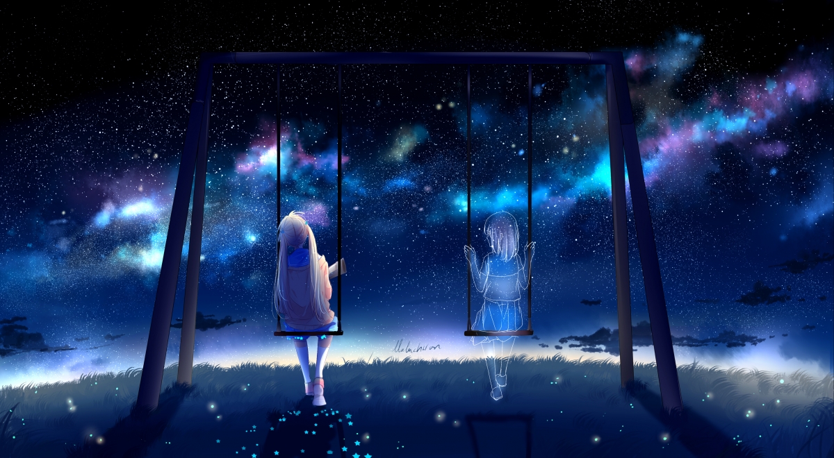 女生荡秋千于唯美星空，4K高清动漫壁纸，4000x2201分辨率，免费下载