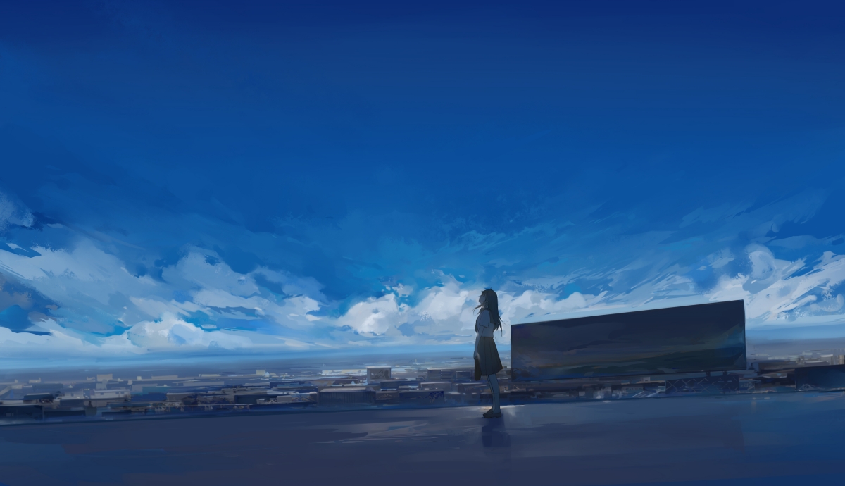 天空云彩美景，水手服高中女生动漫壁纸，4K高清大图下载