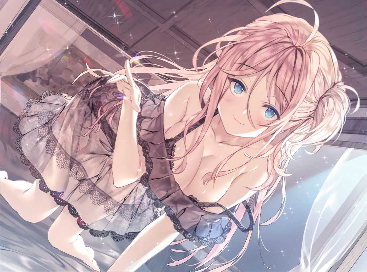 二次元美女蓝眸透明裙澡堂场景，超清4K动漫壁纸，4480x3324高清下载