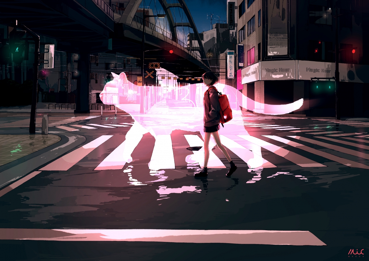 猫与短发女生共舞斑马线，绝美4K动漫壁纸高清下载，尺寸4093x2894