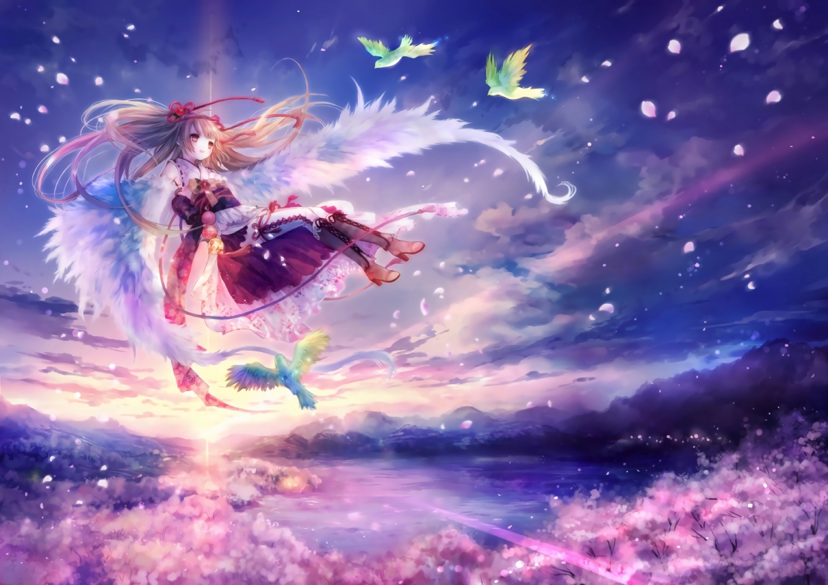 梦幻天空下的羽衣女孩，唯美动漫风景壁纸，高清6K下载